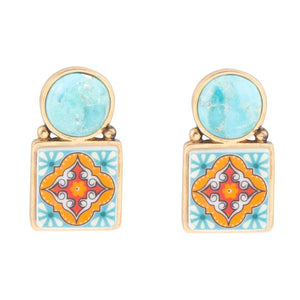 Talavera Tile Blue Turquoise Golden Drop Earrings by Barse Jewelry