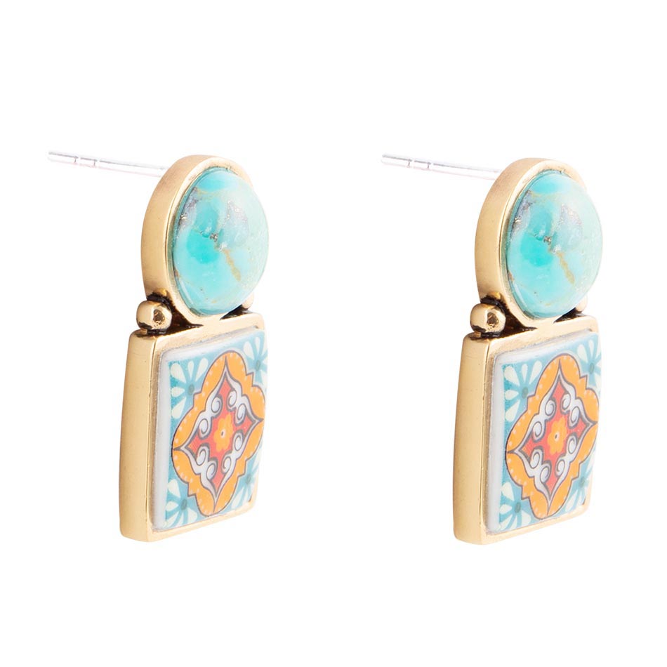 Talavera Tile Blue Turquoise Golden Drop Earrings detail view by Barse Jewelry