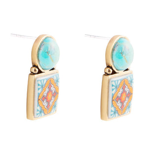 Talavera Tile Blue Turquoise Golden Drop Earrings detail view by Barse Jewelry