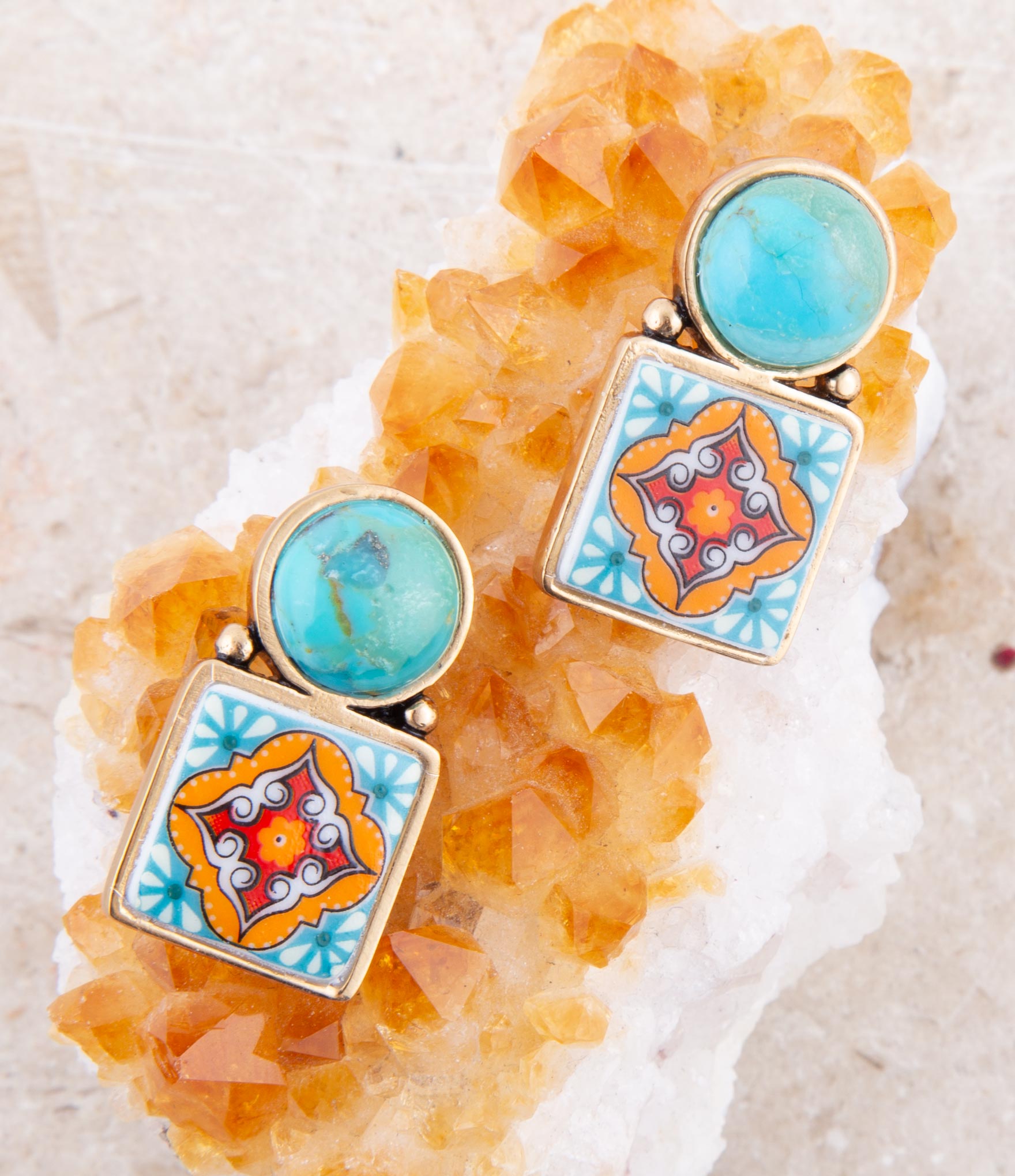 Talavera Tile Blue Turquoise Golden Drop Earrings detail view by Barse Jewelry