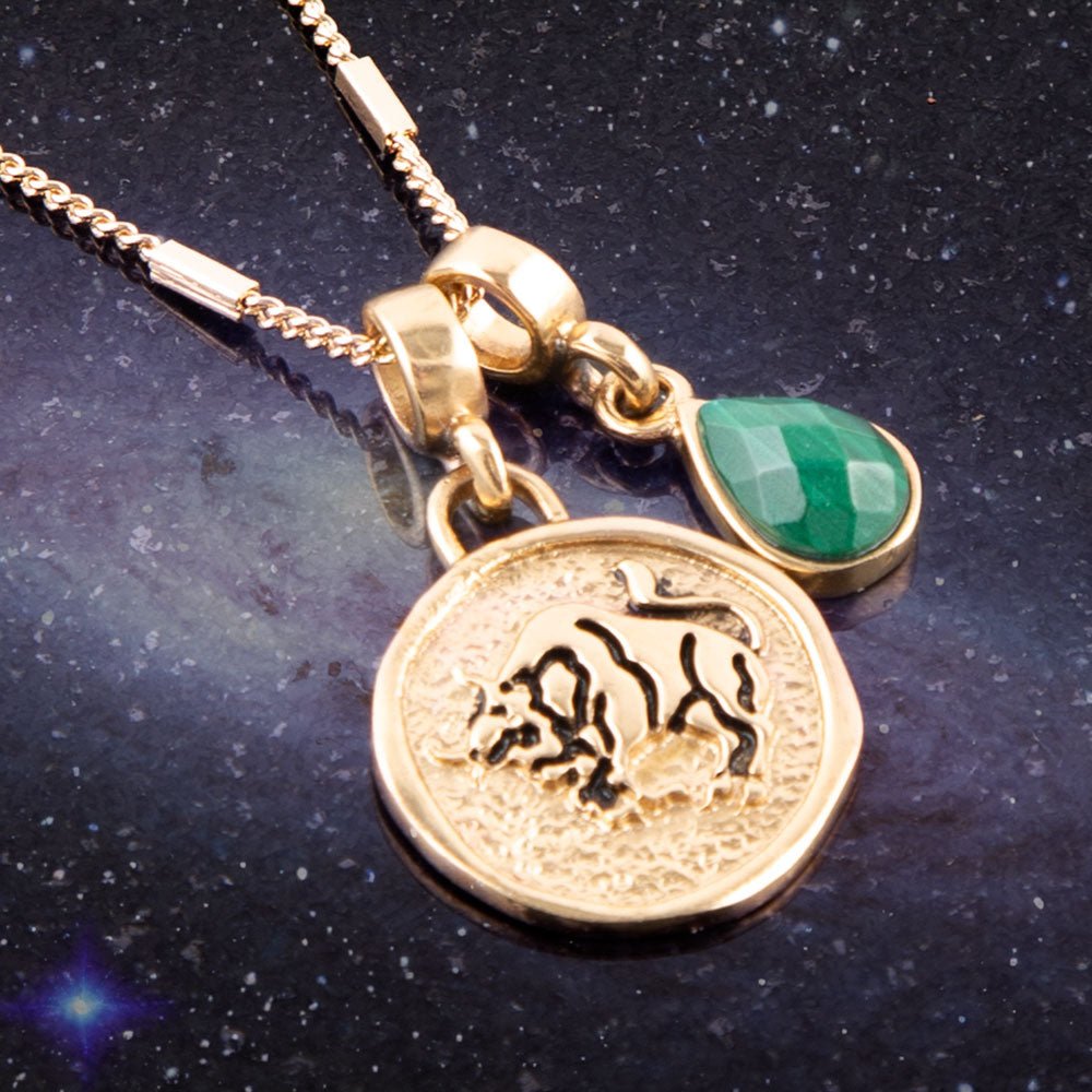 Taurus - Zodiac Green Malachite Golden Charm Necklace detail view by Barse Jewelry