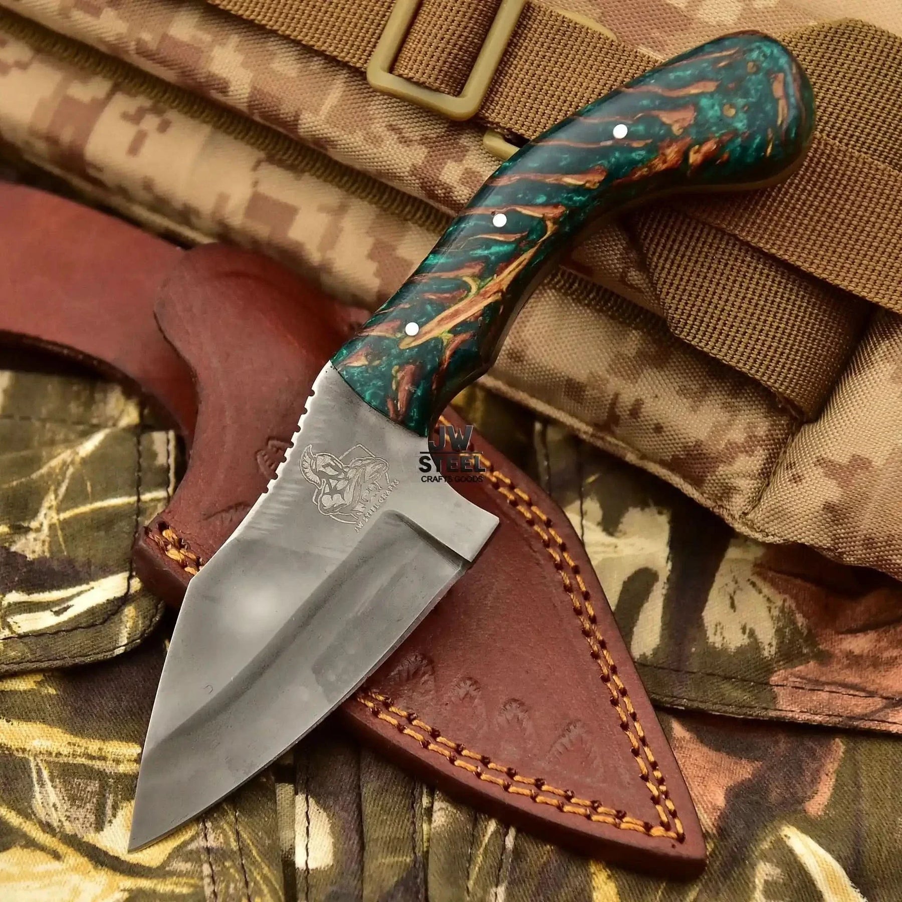 Acid Washed Stainless Steel Hunting Knife – Pinecone Handle | Outdoor & Camping Knife by JW SteelCrafts, Damascus knife detail photo 3