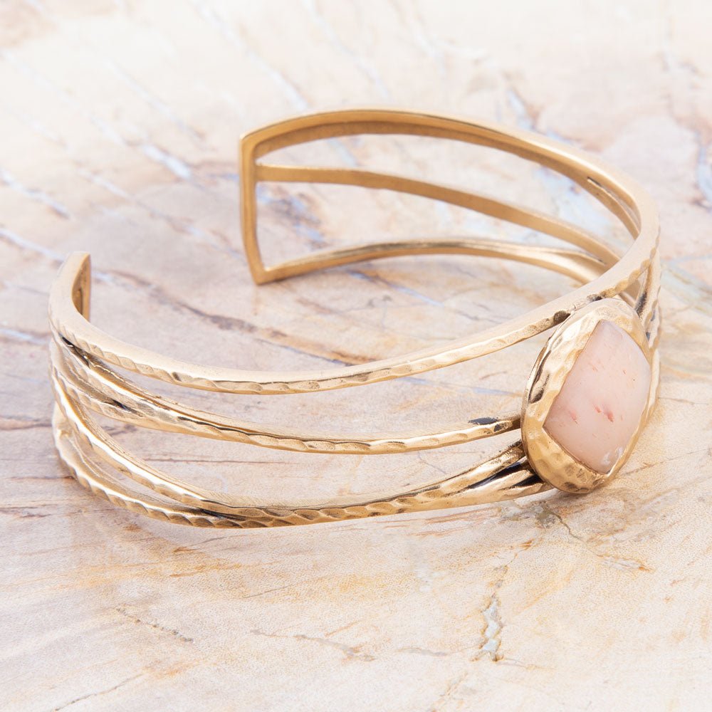 Terra Peach Moonstone and Golden Cuff Bracelet detail view by Barse Jewelry