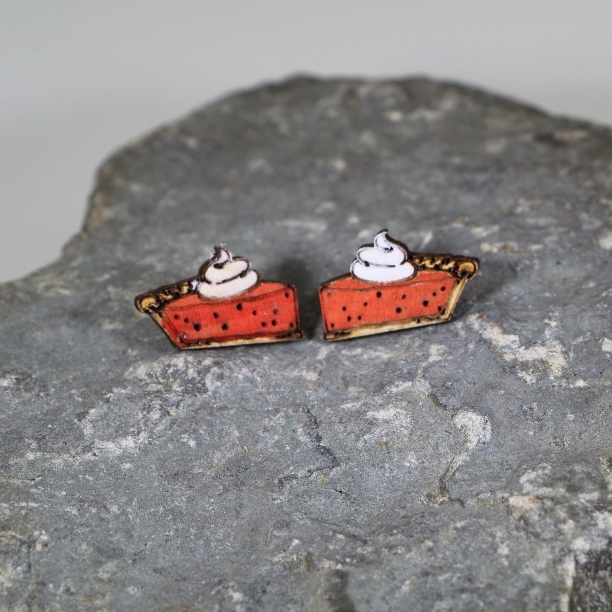Pumpkin Pie Wooden Dangle Earrings | Thanksgiving Dessert Jewelry detail view by Cate's Concepts, LLC
