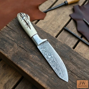 Damascus Leaf Shape Knife Traditional Synthetic Stag Handle Utility Tool detail view by JW SteelCrafts