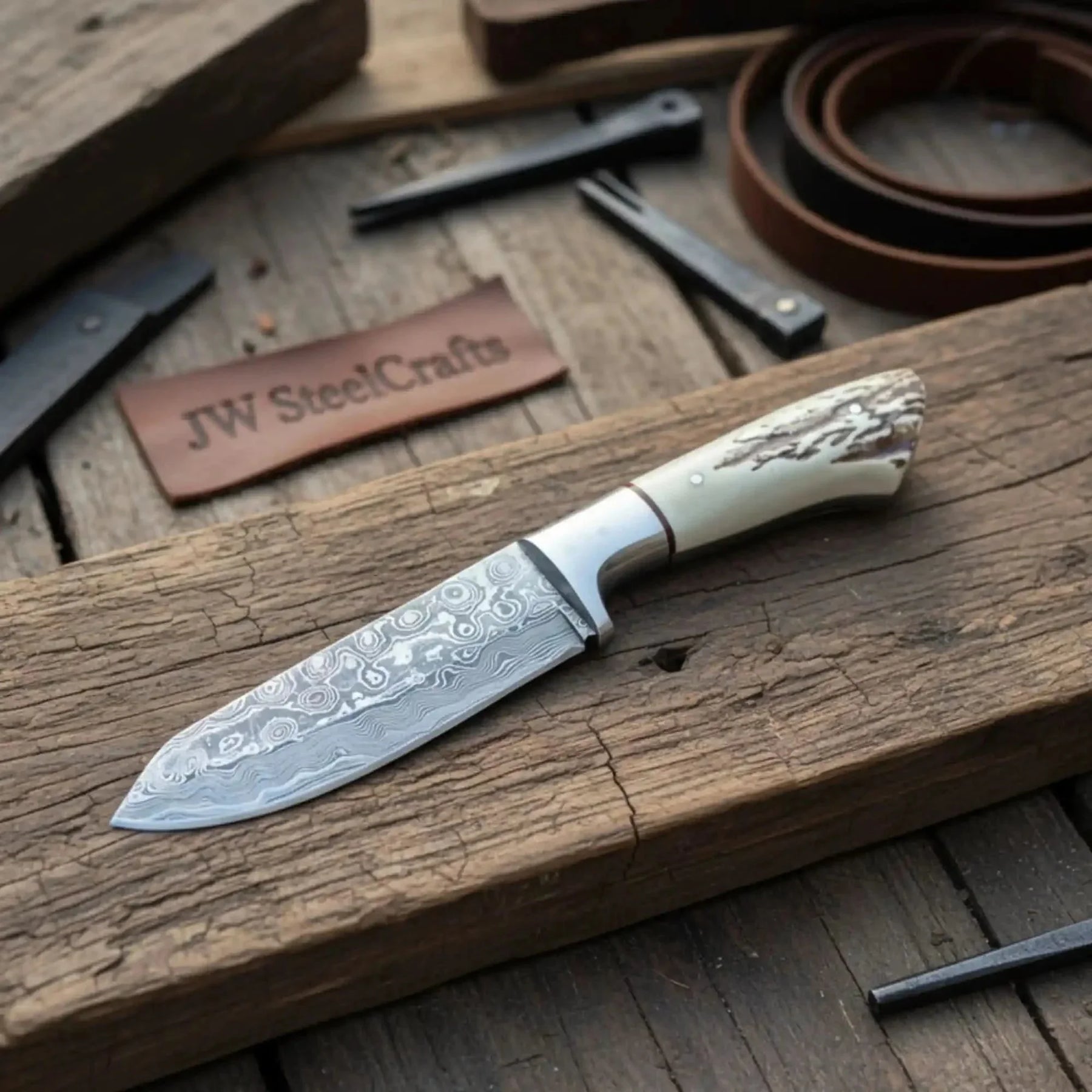 Damascus Leaf Shape Knife Traditional Synthetic Stag Handle Utility Tool by JW SteelCrafts