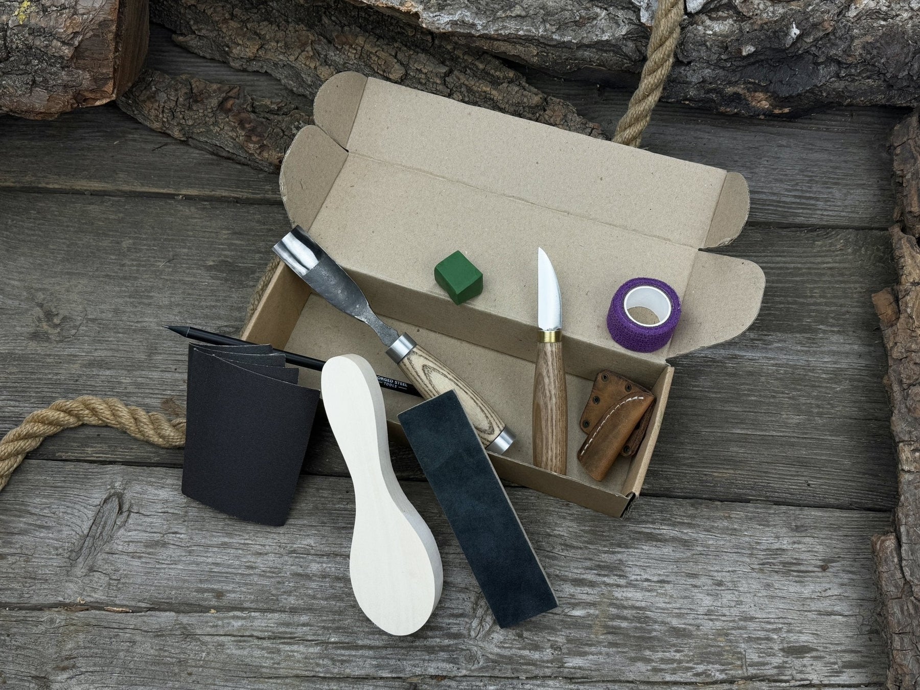 The Ultimate Beginner’s Spoon Carving Kit detail view by Sharky Forged Steel Tools