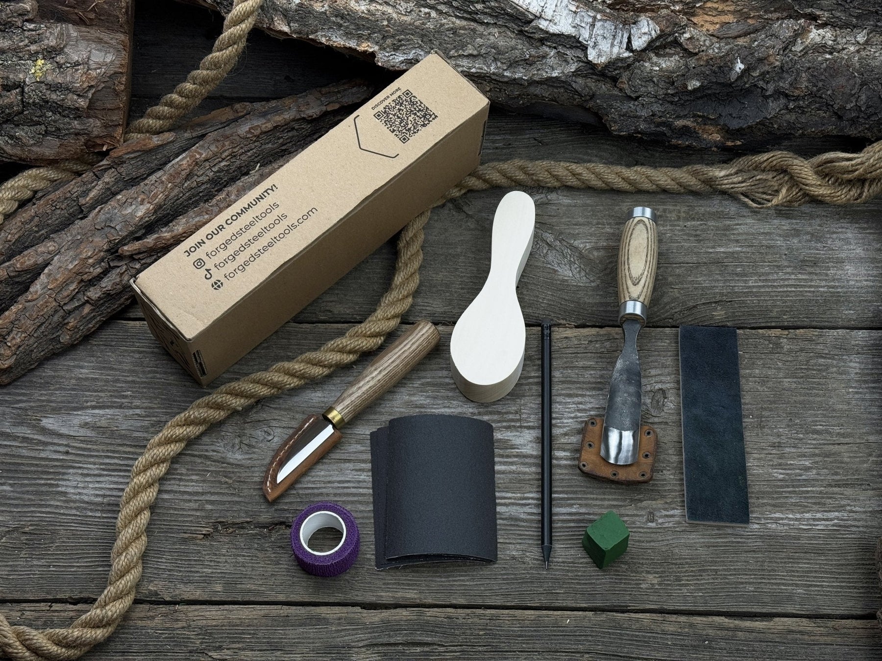 The Ultimate Beginner’s Spoon Carving Kit detail view by Sharky Forged Steel Tools