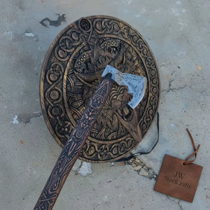 Handcrafted Viking Shield and Engraved Axe Set with Raven Motif and Norse Knotwork by JW SteelCrafts, handmade axe detail photo 11