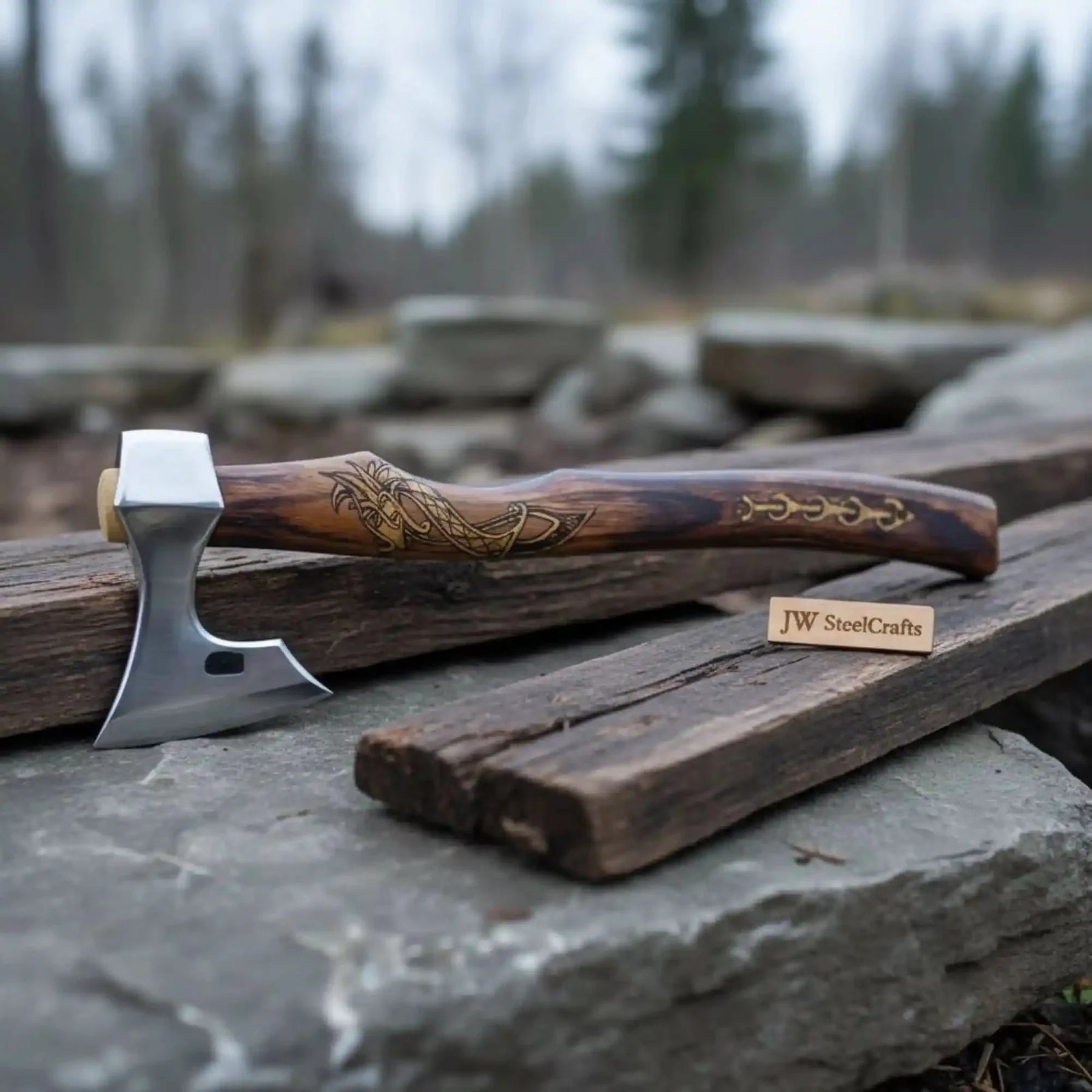 Hand Forged Damascus Steel Viking Axe – 18” Bearded Bushcraft Hatchet with Hardwood Handle | JW SteelCrafts by JW SteelCrafts, Southern lifestyle apparel detail photo 3