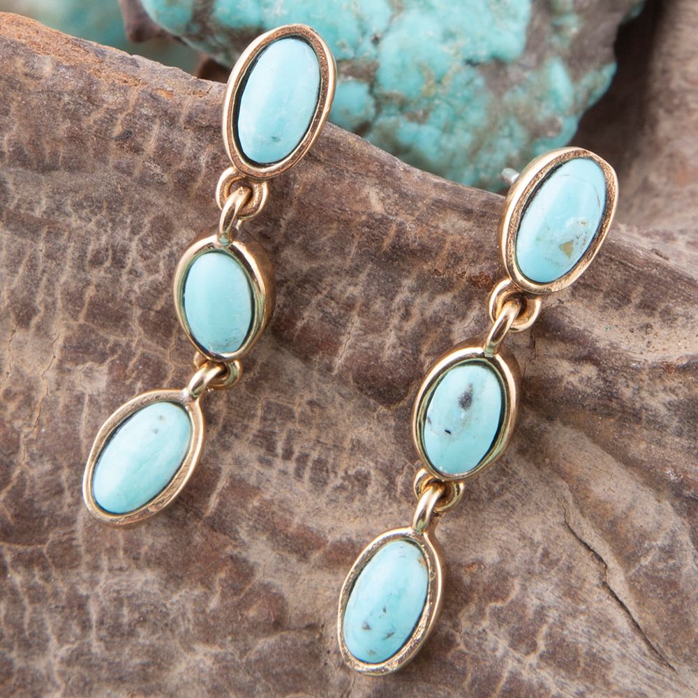 Three Times the Blue Turquoise Golden Drop Earrings detail view by Barse Jewelry