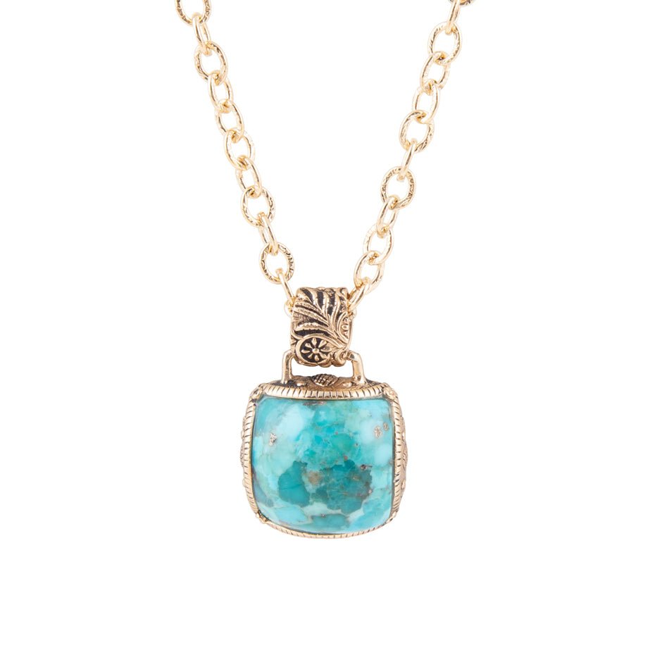 Carved Blue Turquoise Stone Golden Pendant Necklace by Barse Jewelry