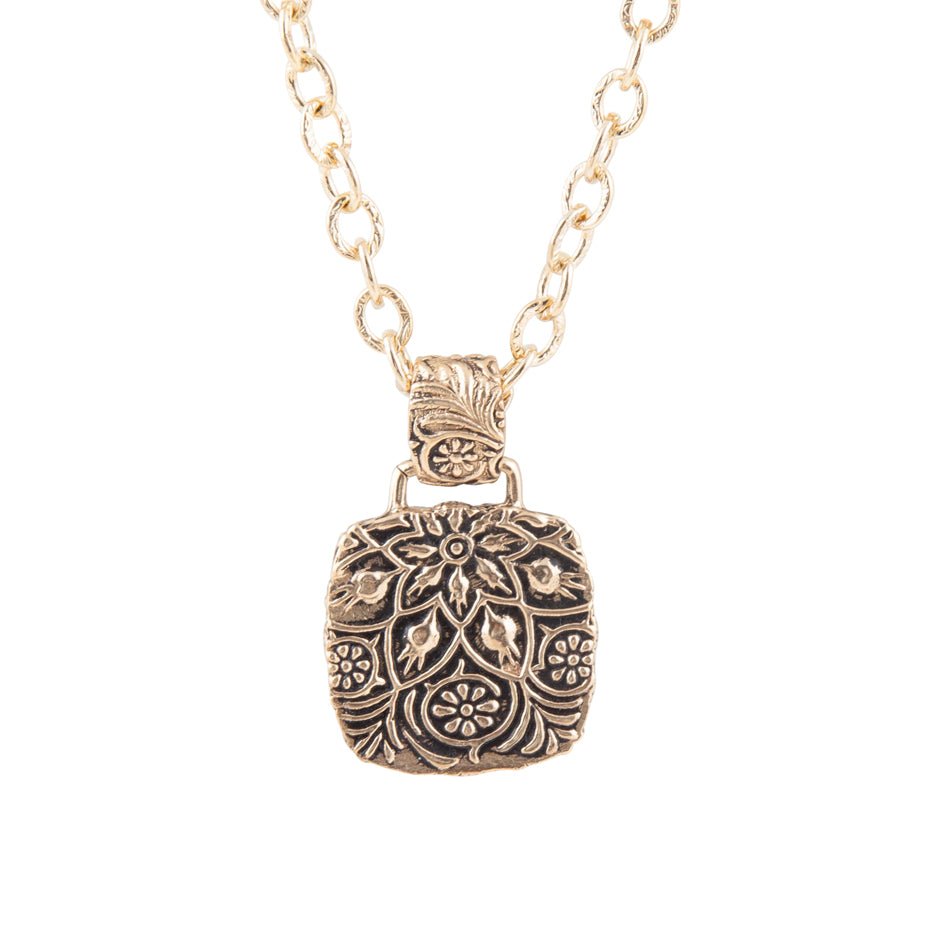 Carved Blue Turquoise Stone Golden Pendant Necklace detail view by Barse Jewelry