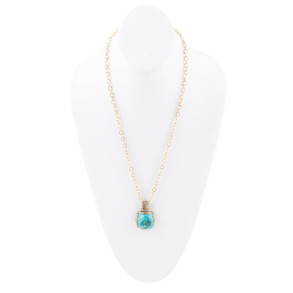 Carved Blue Turquoise Stone Golden Pendant Necklace detail view by Barse Jewelry
