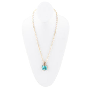 Carved Blue Turquoise Stone Golden Pendant Necklace detail view by Barse Jewelry