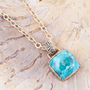 Carved Blue Turquoise Stone Golden Pendant Necklace detail view by Barse Jewelry