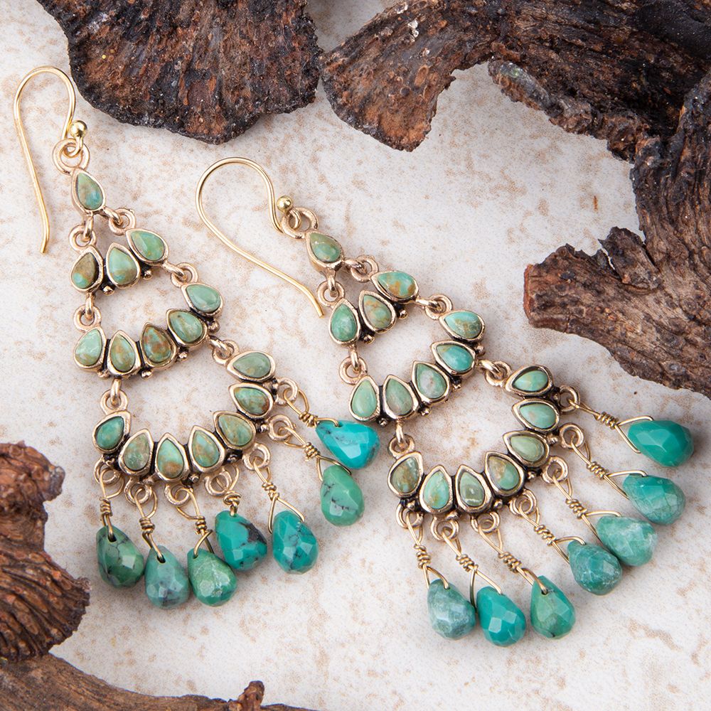 Triple the Blue Turquoise Golden Chandelier Earrings detail view by Barse Jewelry