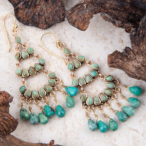 Triple the Blue Turquoise Golden Chandelier Earrings detail view by Barse Jewelry