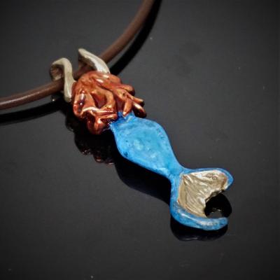 Bronze Redheaded Mermaid Pendant with Blue Patina Tail by Anisa Jewelry