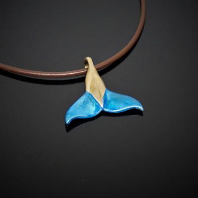 Bronze Dolphin Tail Pendant with Blue Patina on Brown Leather by Anisa Jewelry