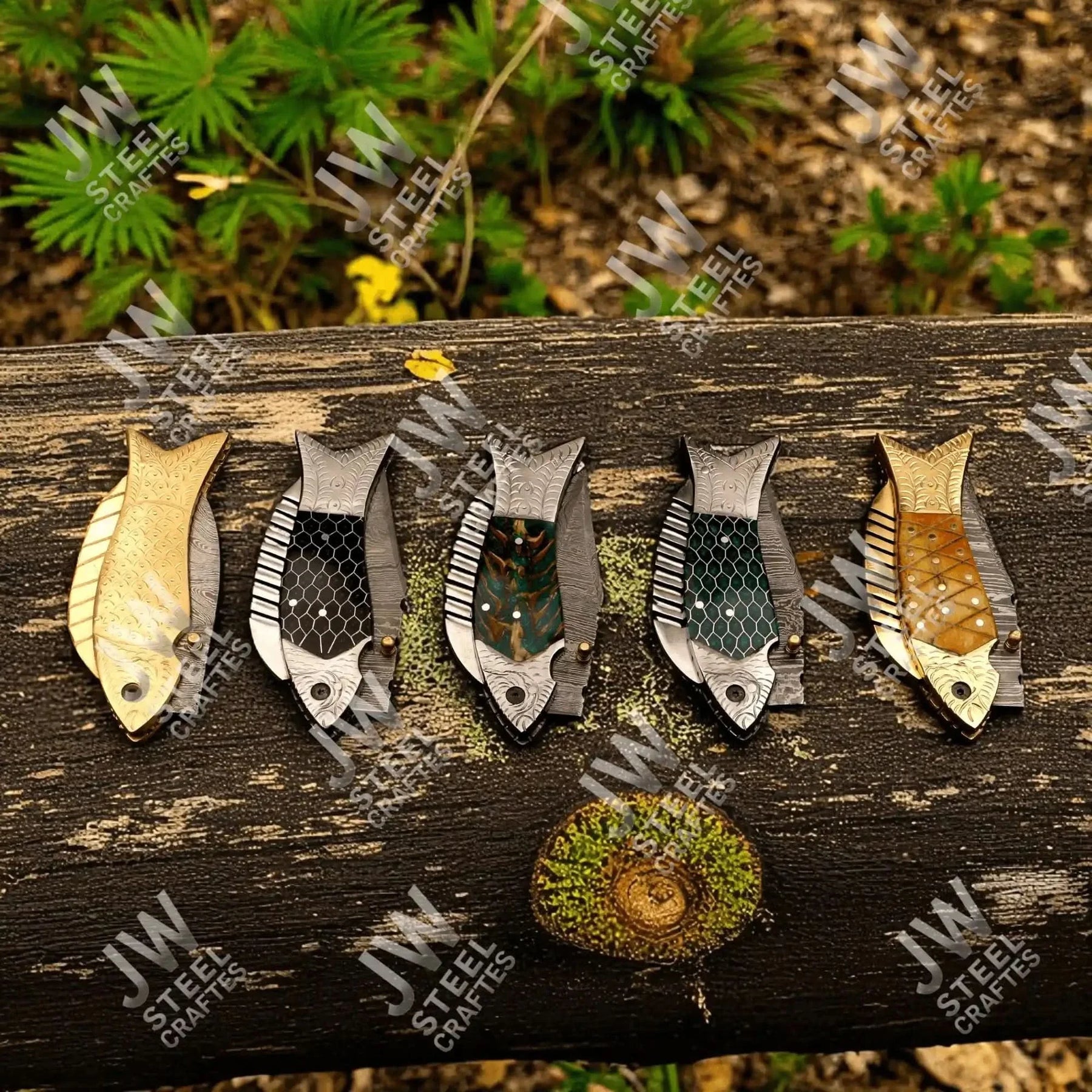 Hand Forged Damascus Steel Folding Knife – Honeycomb, Pinecone & Brass Handle Variations by JW SteelCrafts, Damascus knife detail photo 2