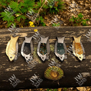 Hand Forged Damascus Steel Folding Knife – Honeycomb, Pinecone & Brass Handle Variations by JW SteelCrafts, Damascus knife detail photo 2
