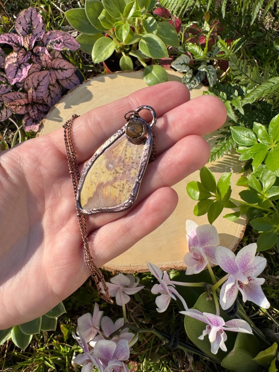 Tigers Eye and Imperial Moth Wing Necklace detail view by Copper Ashes