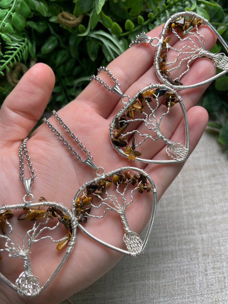 Tigers Eye Heart Tree of Life Necklace detail view by Copper Ashes
