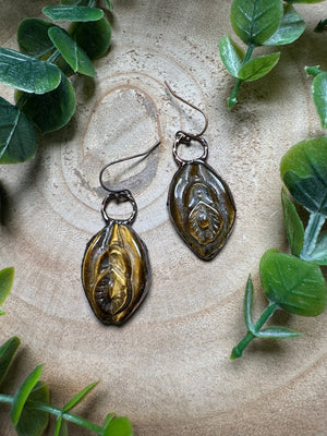 Tigers Eye Yoni Earrings detail view by Copper Ashes