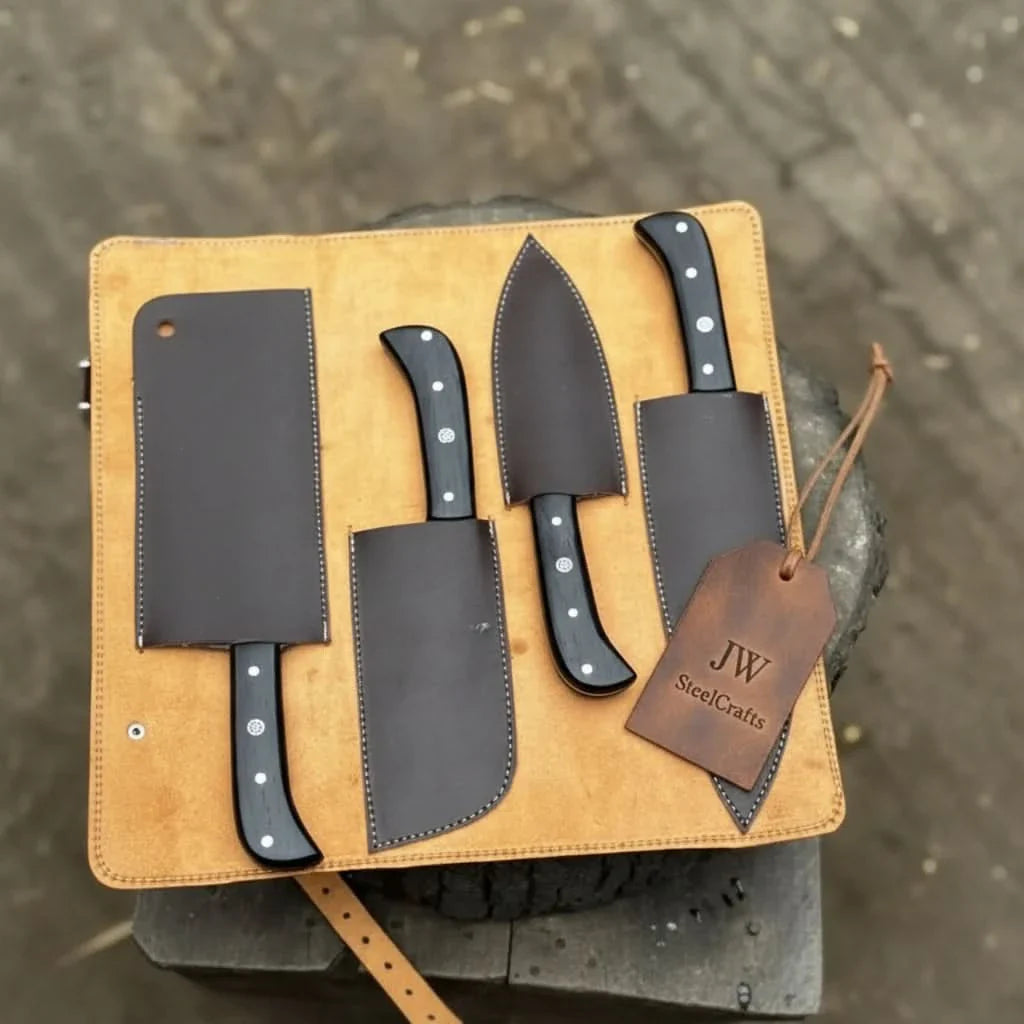 4-Piece Damascus Steel Kitchen Knife Set — Chef, Santoku, Cleaver & Utility by JW SteelCrafts, Damascus knife detail photo 5