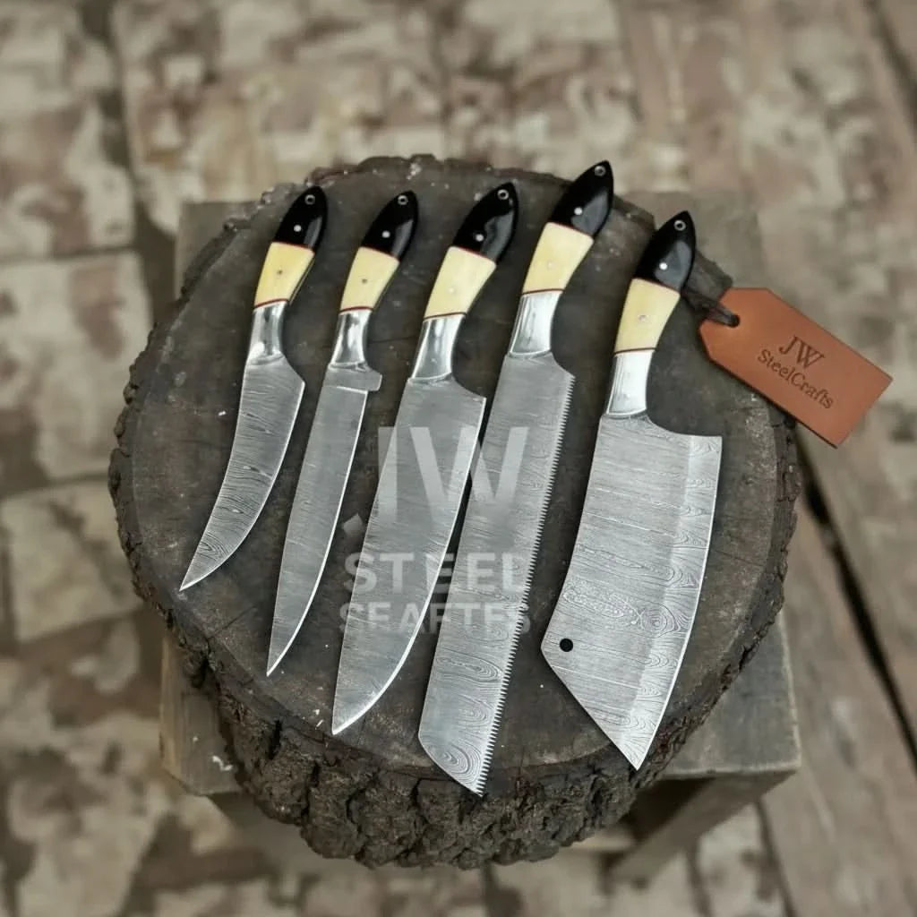 5-Piece Damascus Chef Knife Set – Camel Bone and Black Micarta Handles by JW SteelCrafts, Damascus knife detail photo 8