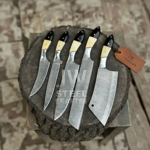 5-Piece Damascus Chef Knife Set – Camel Bone and Black Micarta Handles by JW SteelCrafts, Damascus knife detail photo 8
