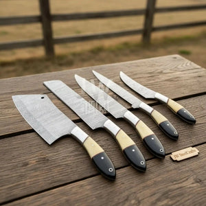 5-Piece Handmade Damascus Chef Knife Set with Wood and Resin Handles detail view by JW SteelCrafts