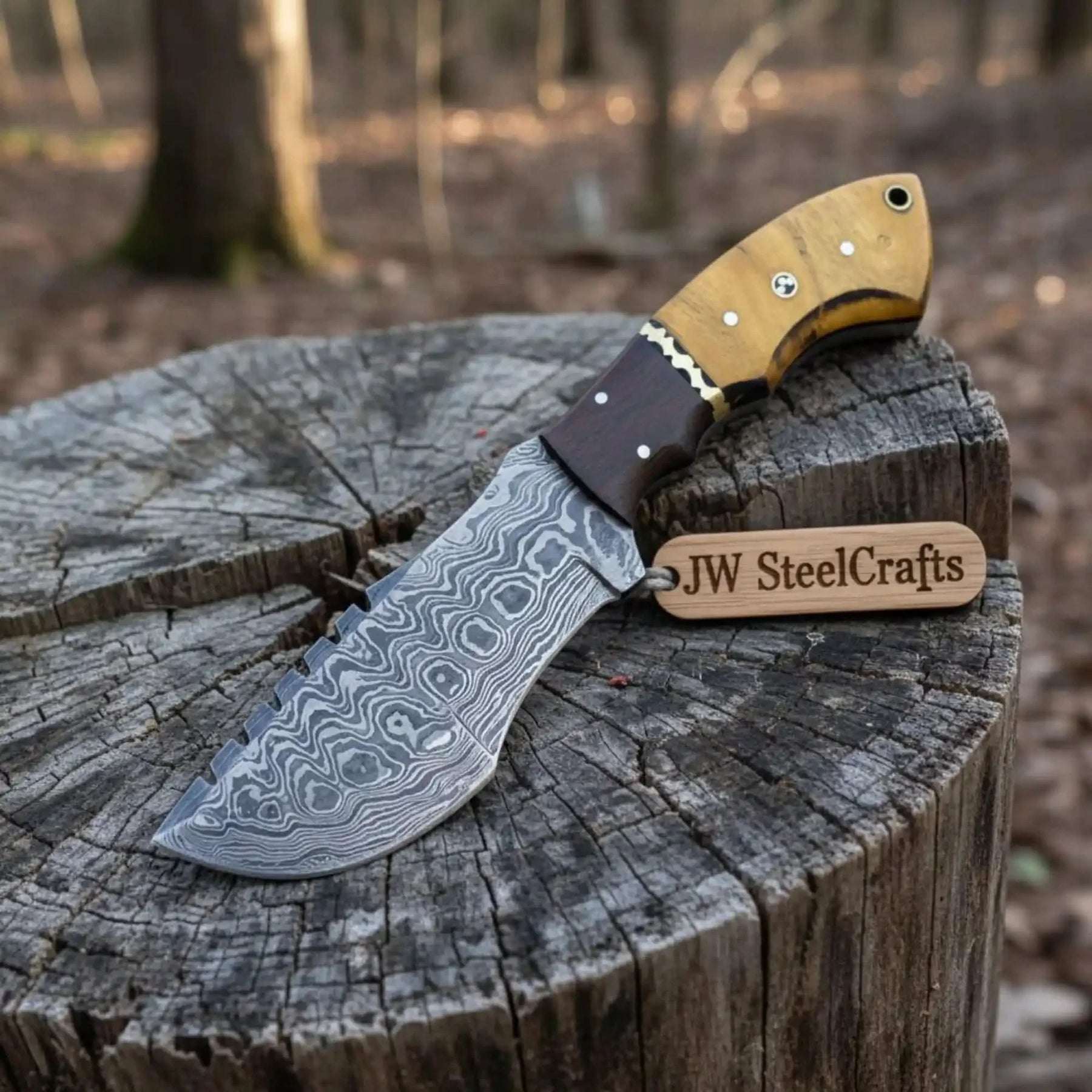 Tracker knife Custom, 10", DAMASCUS KNIFE, Damascus steel knife, hunting, exotic Yellow Heart & Walnut wood handle, leather sheath by JW SteelCrafts, leather knife sheath detail