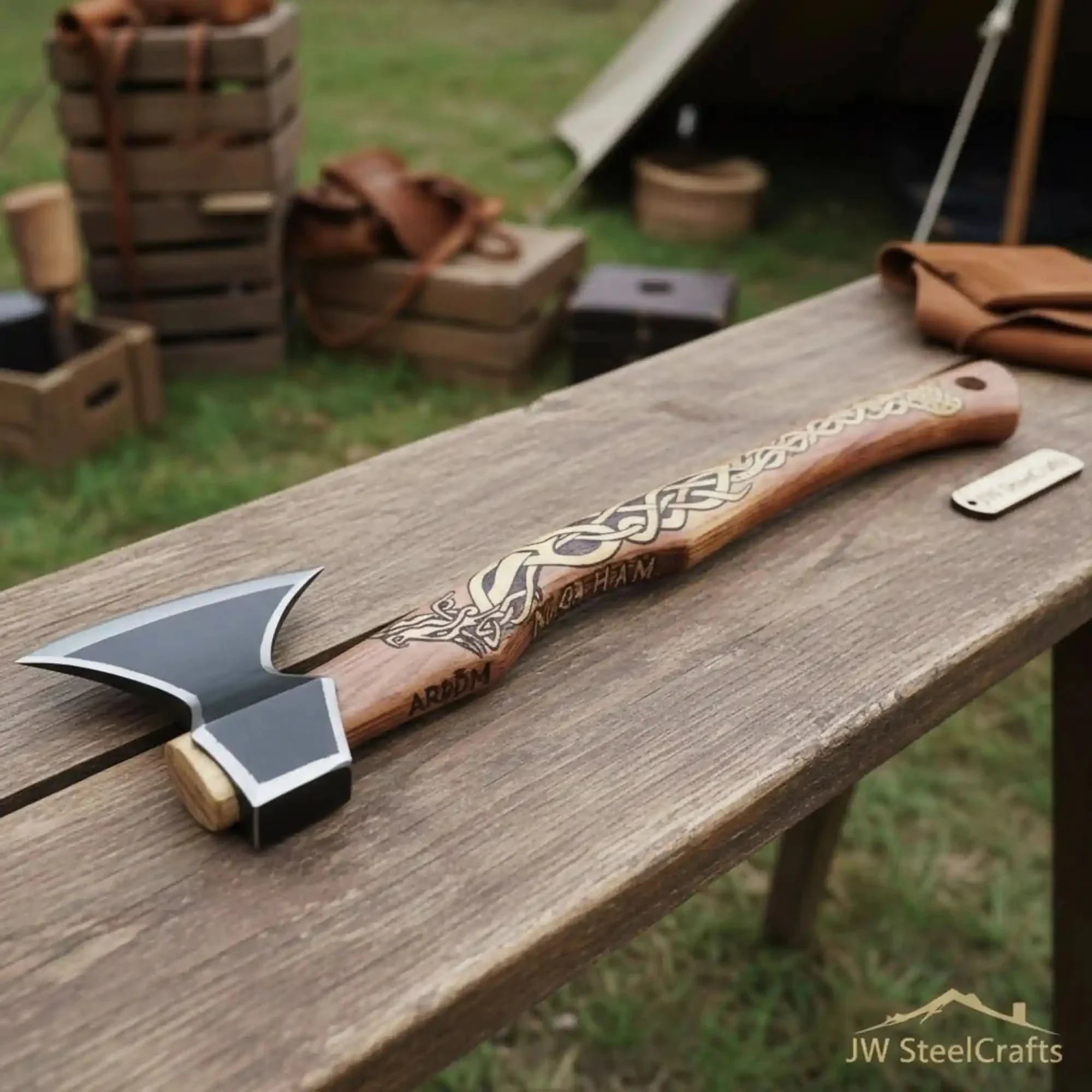 Hand-Forged Viking Bearded Camp Axe with Engraved Hardwood Handle by JW SteelCrafts, handmade axe detail photo 2