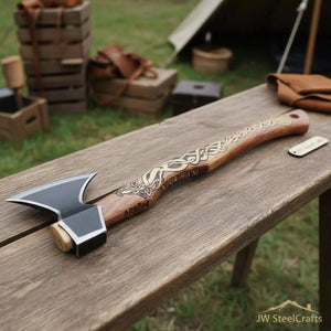 Hand-Forged Viking Bearded Camp Axe with Engraved Hardwood Handle by JW SteelCrafts, handmade axe detail photo 2