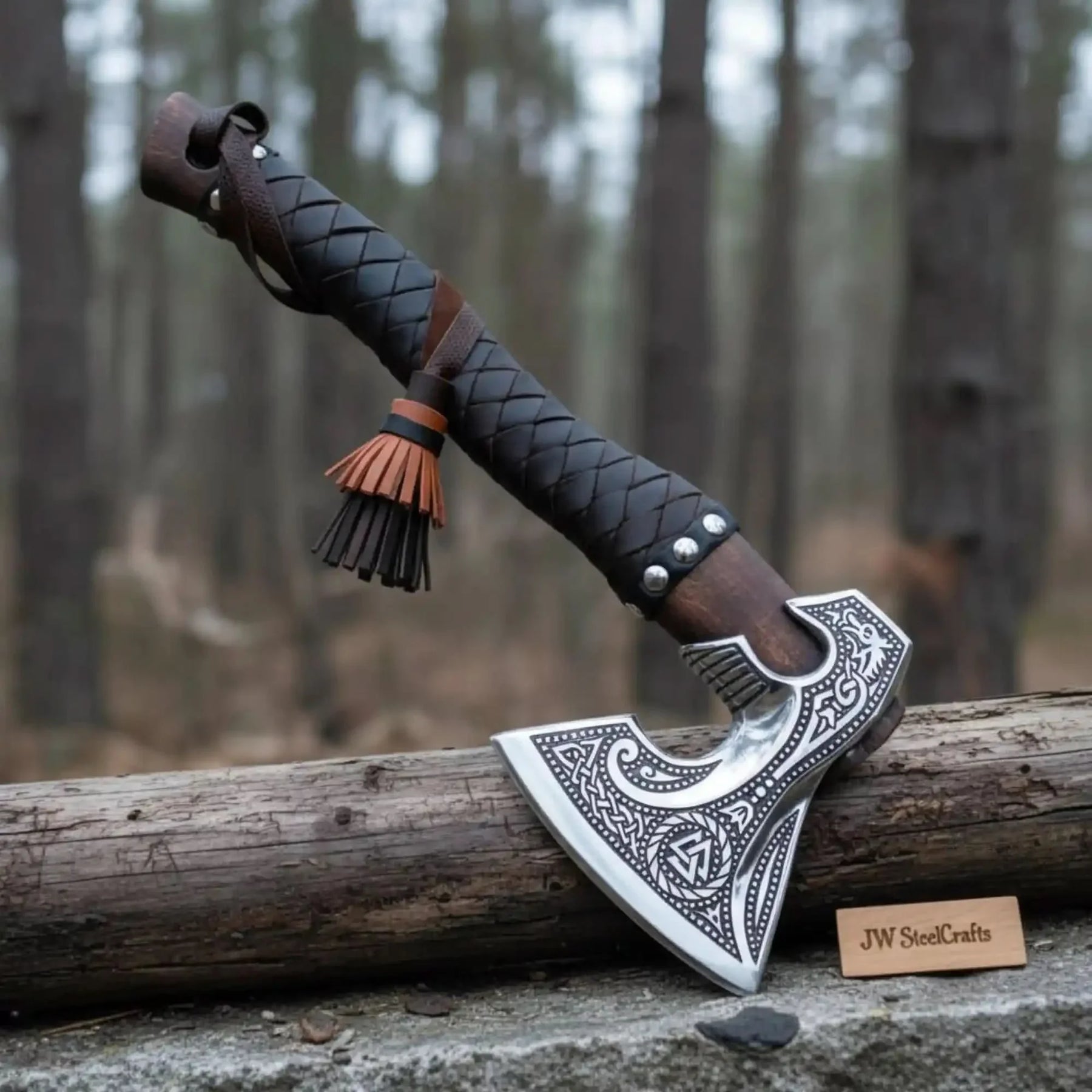 Norse Engraved Camp Hatchet with Leather Wrapped Handle and Belt Sheath | JW SteelCrafts by JW SteelCrafts, leather knife sheath detail photo 4