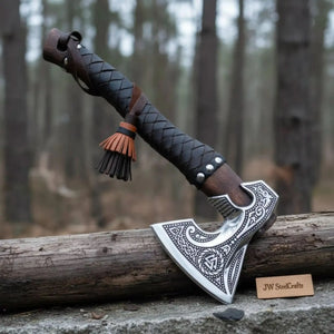 Norse Engraved Camp Hatchet with Leather Wrapped Handle and Belt Sheath | JW SteelCrafts by JW SteelCrafts, leather knife sheath detail photo 4