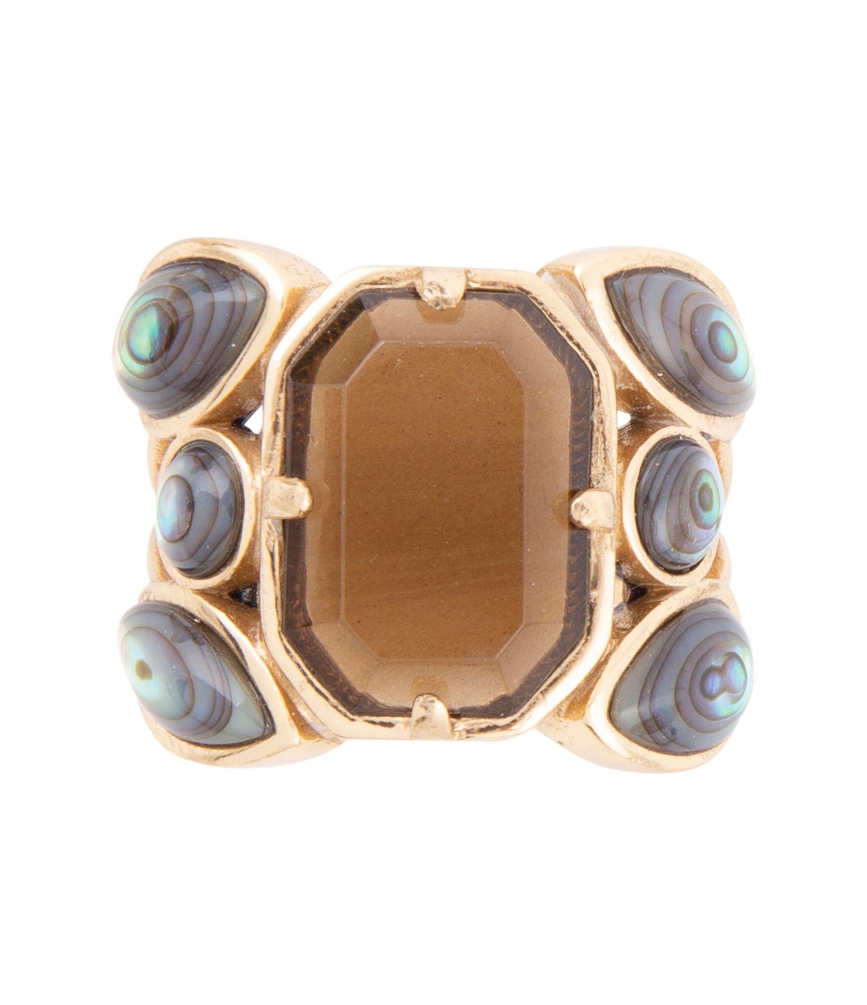 Tribecca Smoky Brown Quartz and Abalone Statement Golden Ring detail view by Barse Jewelry
