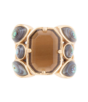 Tribecca Smoky Brown Quartz and Abalone Statement Golden Ring detail view by Barse Jewelry