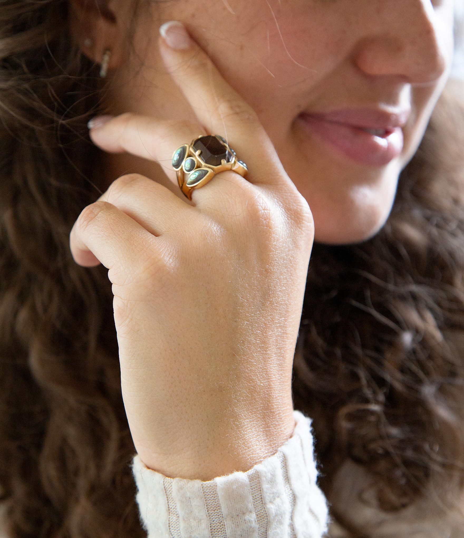 Tribecca Smoky Brown Quartz and Abalone Statement Golden Ring detail view by Barse Jewelry