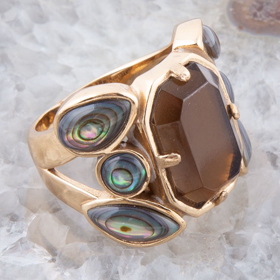 Tribecca Smoky Brown Quartz and Abalone Statement Golden Ring detail view by Barse Jewelry