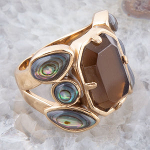 Tribecca Smoky Brown Quartz and Abalone Statement Golden Ring detail view by Barse Jewelry