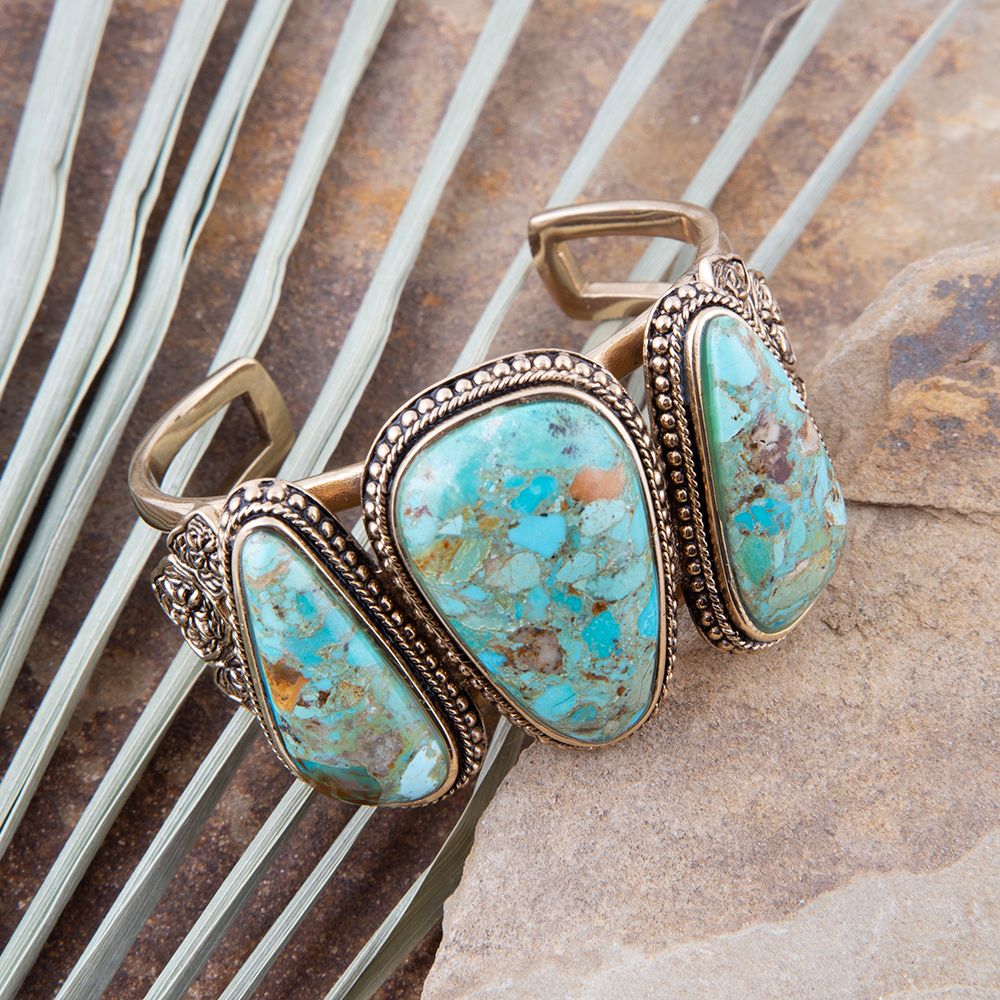 Trio Blue Turquoise Golden Cuff Bracelet detail view by Barse Jewelry