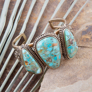 Trio Blue Turquoise Golden Cuff Bracelet detail view by Barse Jewelry