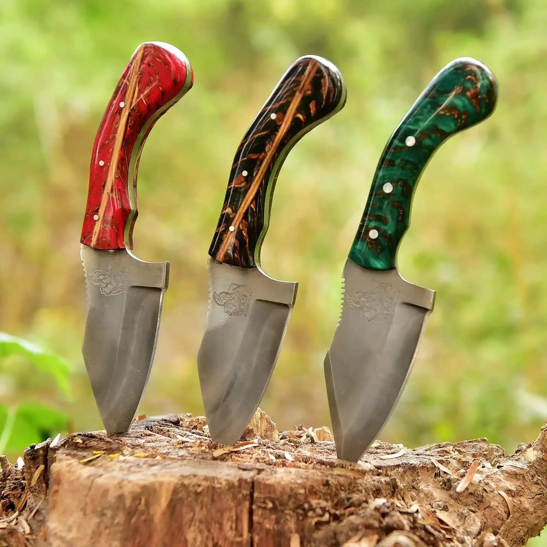 Acid Washed High Carbon Steel Hunting Knife — Pinecone Resin Handle in Red, Black or Green by JW SteelCrafts, Damascus knife main product photo