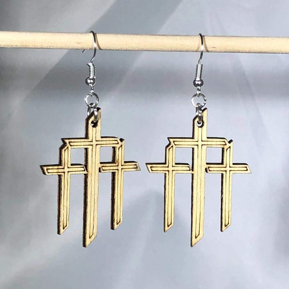 Triple Cross Wooden Dangle Earrings | Cross Symbol Jewelry
