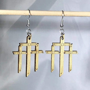 Triple Cross Wooden Dangle Earrings | Cross Symbol Jewelry