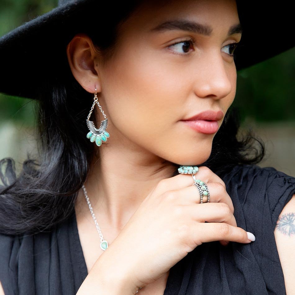 Triple Play Blue Turquoise and Sterling Silver Stack Ring detail view by Barse Jewelry