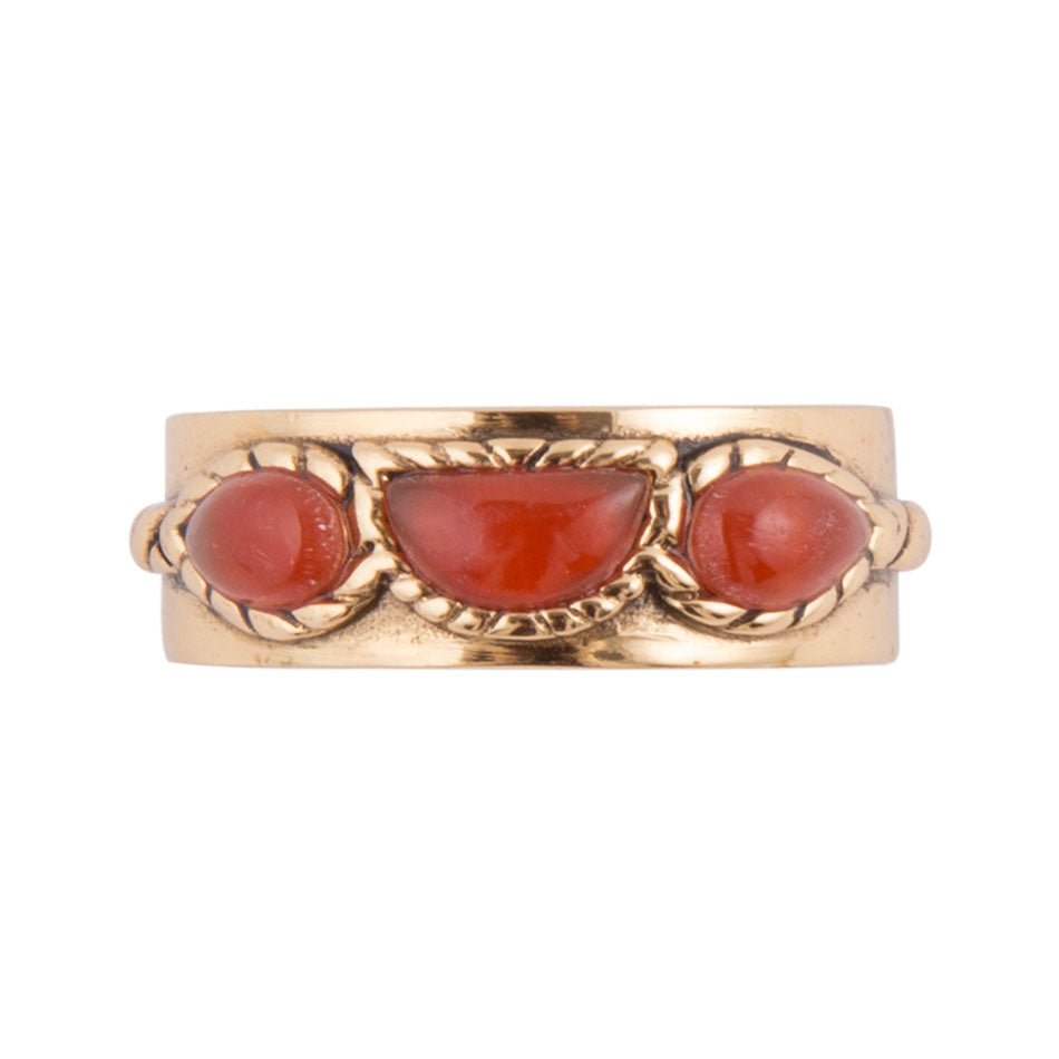 Triple Stone Orange Carnelian and Golden Ring detail view by Barse Jewelry